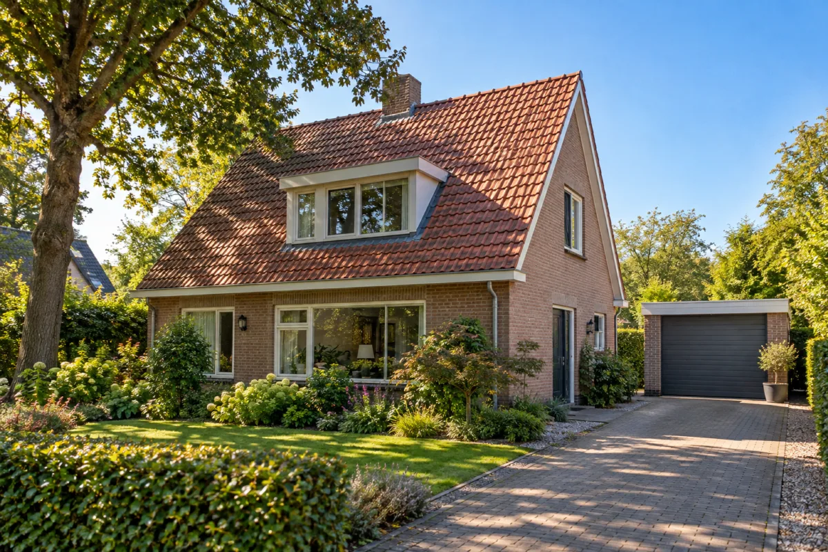 Nederlands huis met pannendak, dakkapel, boomschaduw en een garage met plat dak
