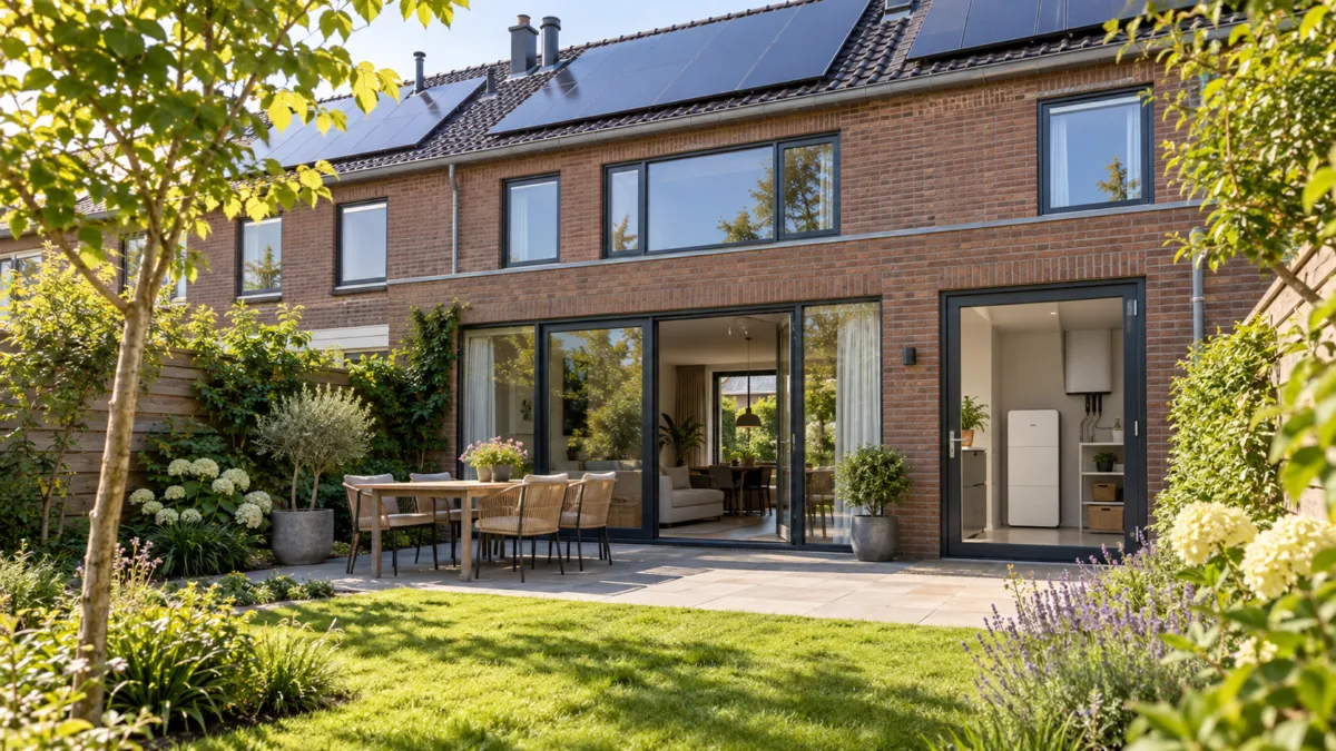 Nederlandse woning met zonnepanelen en een thuisbatterij in de bijkeuken