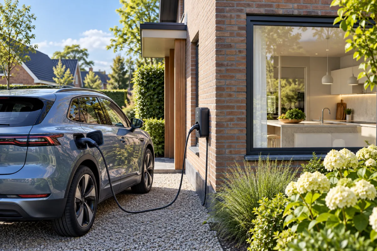 Elektrische auto op een oprit aangesloten op een wandlader naast een keukenraam