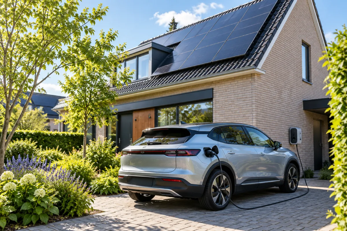 Elektrische auto aangesloten op een wandlaadpunt bij een woning met zonnepanelen