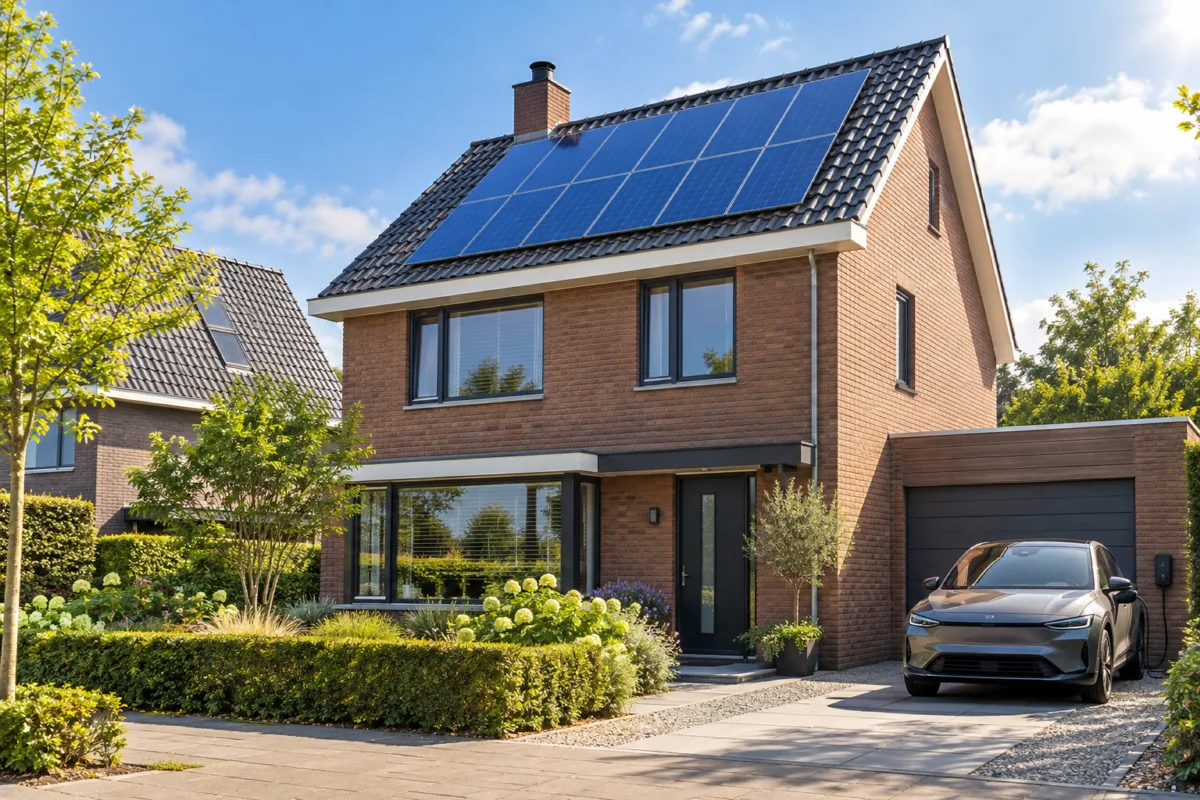 Nederlands woonhuis met zonnepanelen op het pannendak en een elektrische auto op de oprit