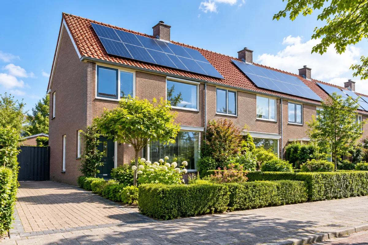 Nederlandse woning met zonnepanelen en een lege oprit op een zonnige middag