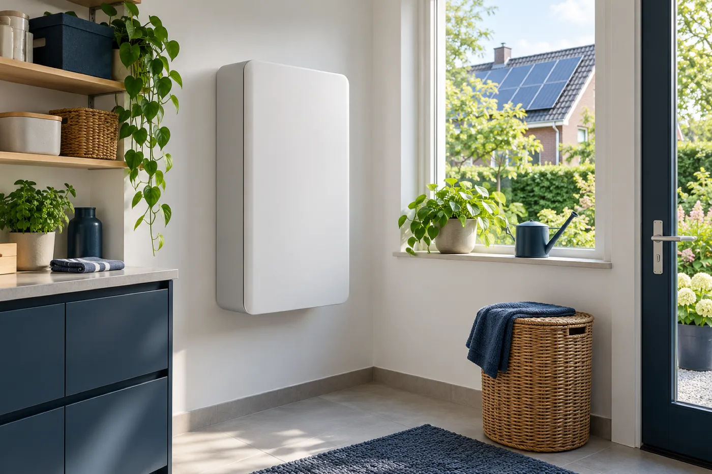 Illustratie van een thuisbatterij in een lichte bijkeuken met zonnepanelen op het huis buiten
